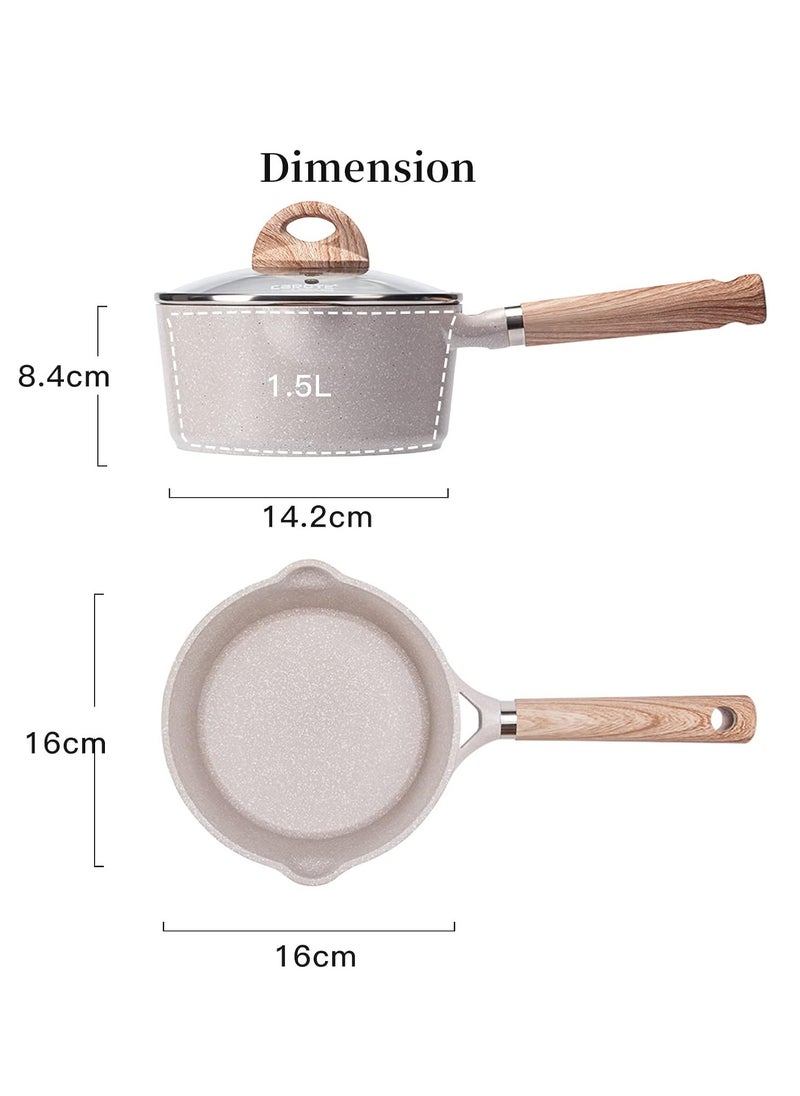 Saucepan with Lid 16cm/1.5L, Nonstick Milk Pan for Induction, Gas and Electric Hobs, Small Cooking Pot with Pour Spout
