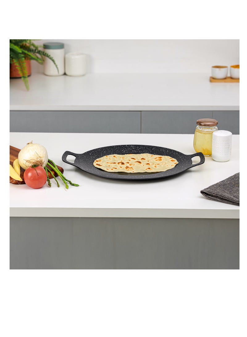 34 cm Deep Tawa- RF12507/ Aluminum Body with Granite Non-Stick Coating, for Roti, Chapatti, Dosa, Tortilla, Crepe, Pancake, etc./ Multi-Purpose Flat Skillet Pan, Compatible with Induction, Hotplate, Halogen, Ceramic Gas Types, PFOA Free and PTFE Free/ Black Black Black