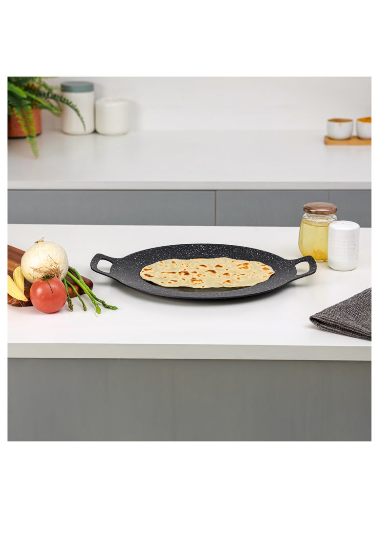 34 cm Deep Tawa- RF12507/ Aluminum Body with Granite Non-Stick Coating, for Roti, Chapatti, Dosa, Tortilla, Crepe, Pancake, etc./ Multi-Purpose Flat Skillet Pan, Compatible with Induction, Hotplate, Halogen, Ceramic Gas Types, PFOA Free and PTFE Free/ Black Black Black
