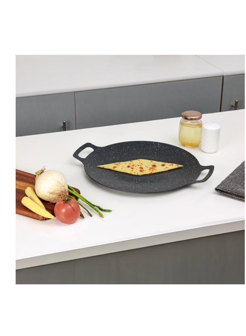 34 cm Deep Tawa- RF12507/ Aluminum Body with Granite Non-Stick Coating, for Roti, Chapatti, Dosa, Tortilla, Crepe, Pancake, etc./ Multi-Purpose Flat Skillet Pan, Compatible with Induction, Hotplate, Halogen, Ceramic Gas Types, PFOA Free and PTFE Free/ Black Black Black
