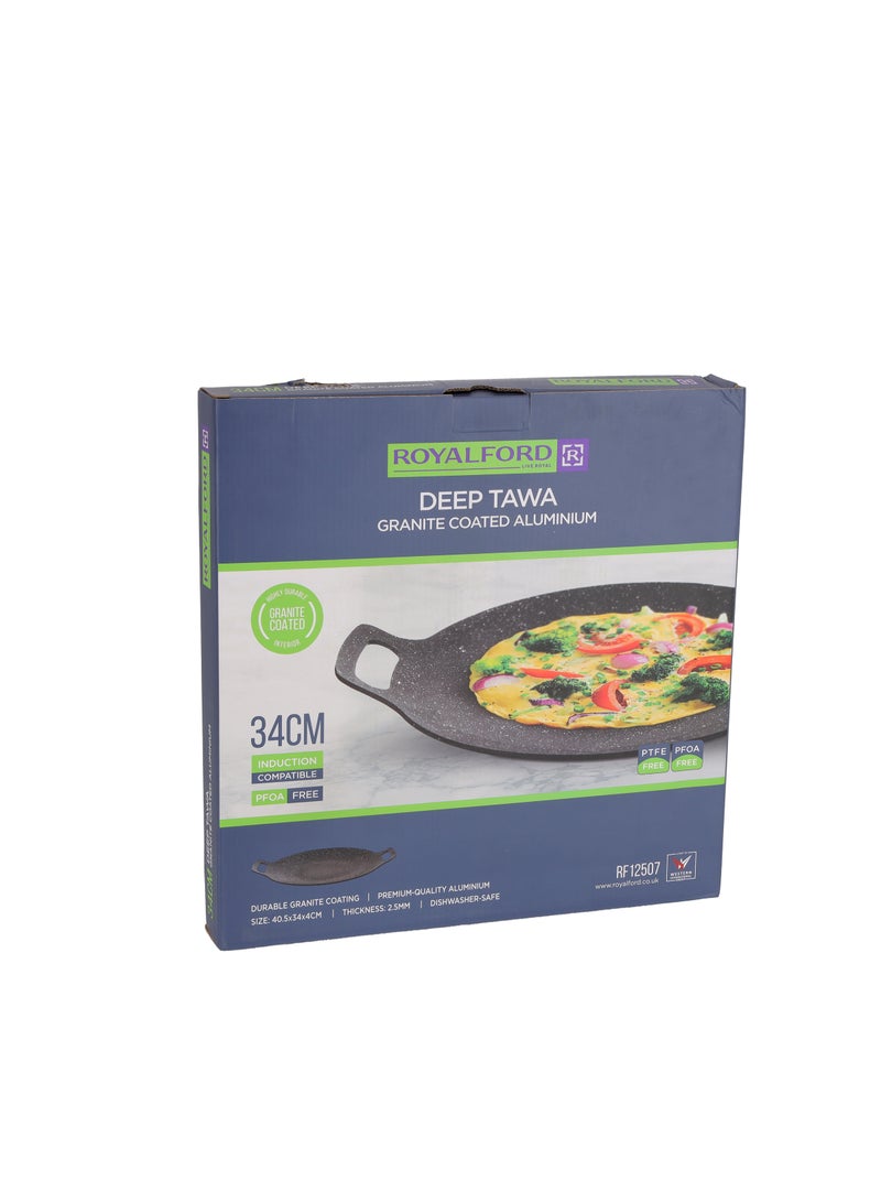 34 cm Deep Tawa- RF12507/ Aluminum Body with Granite Non-Stick Coating, for Roti, Chapatti, Dosa, Tortilla, Crepe, Pancake, etc./ Multi-Purpose Flat Skillet Pan, Compatible with Induction, Hotplate, Halogen, Ceramic Gas Types, PFOA Free and PTFE Free/ Black Black Black