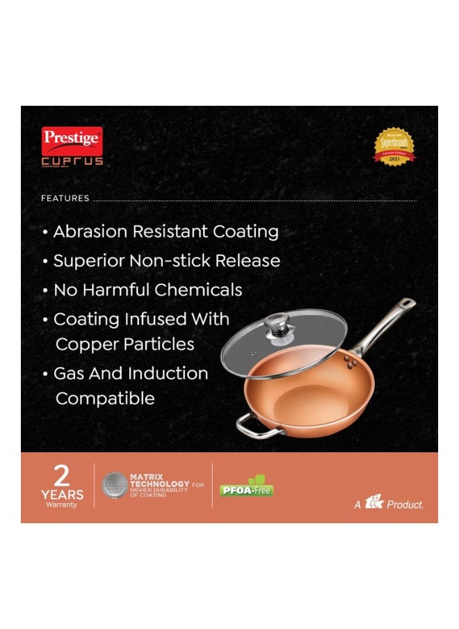 Prestige Cuprus Aluminium Non-Stick Kadai with Glass Lid – 24 cm | 2.5L Capacity | Gas & Induction Compatible | Metal Spoon Friendly | Copper Finish