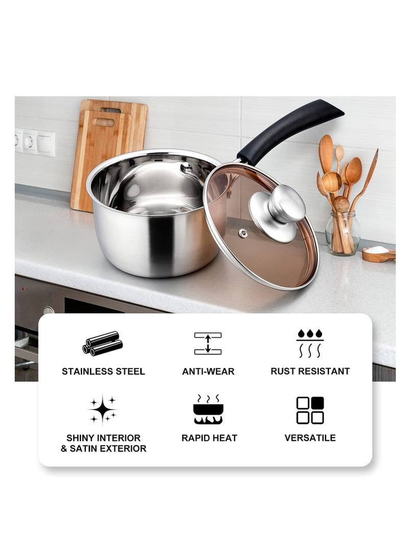 Saucepan with Lid, Sauce Cooking Pot Milk Pan Stainless Steel, Professional with Long Heatproof Handle for Home Kitchen Restaurant, Healthy  Non Toxic, Multi-use, Dishwasher Safe (16cm)