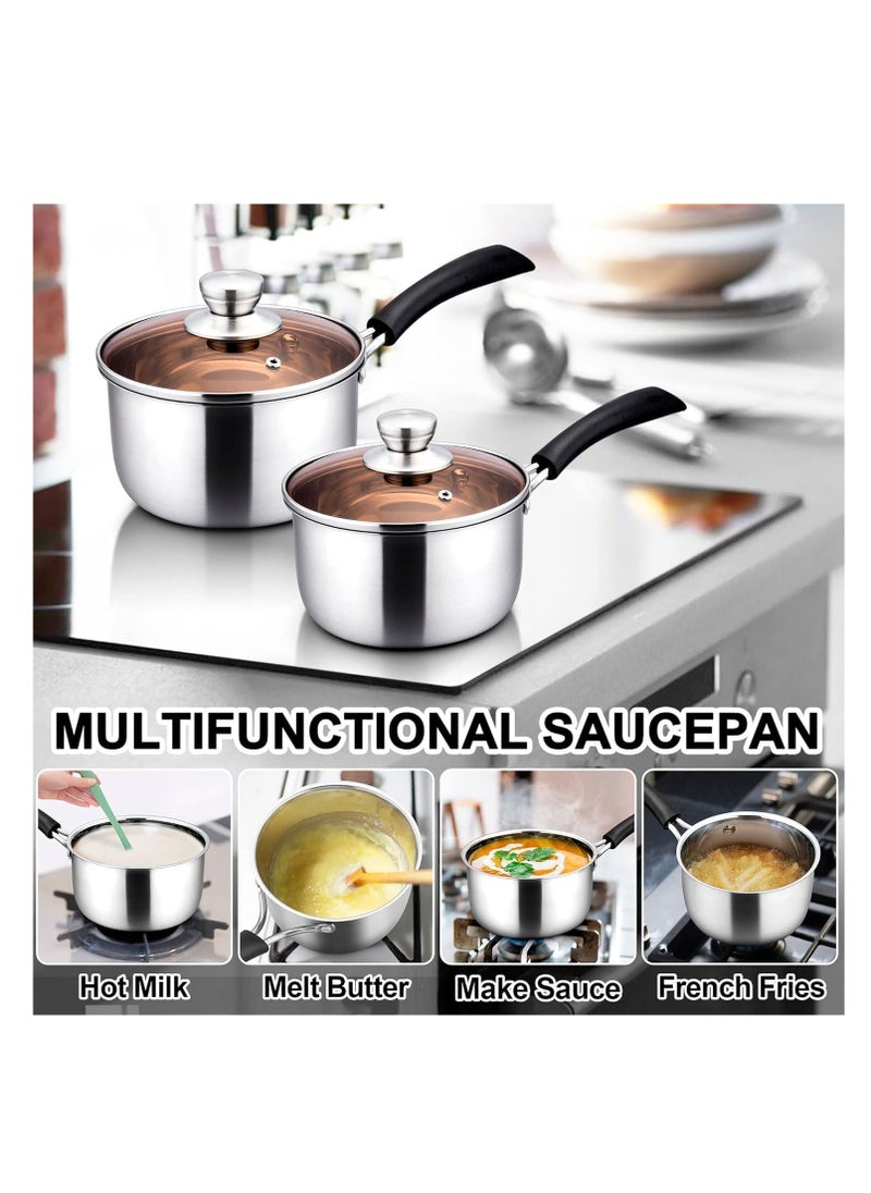 Saucepan with Lid, Sauce Cooking Pot Milk Pan Stainless Steel, Professional with Long Heatproof Handle for Home Kitchen Restaurant, Healthy  Non Toxic, Multi-use, Dishwasher Safe (16cm)
