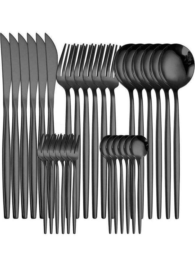 30-Piece Stainless Steel Knife Fork Spoon Full Set  for Home Office Restaurant Hotel Black 20cm