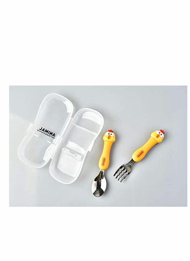 Toddler Utensils Set 3PCS Kids Cutlery Sets Children's Portable Tableware Spoon & Fork Set with Plastic Case 304 Stainless Steel BPA Free Dishwasher Safe (Chicken, Bear, Bunny)
