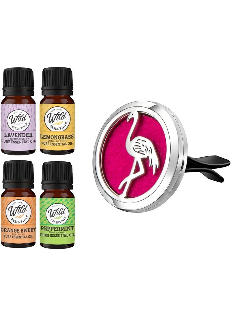 Wild Essentials Flamingo Essential Oil Car Vent Diffuser Kit with Lavender, Lemongrass, Peppermint, Orange Oils, Stainless Steel Locket Pendant, 8 Refill Pads, Customizable Color Changing Air Fresh