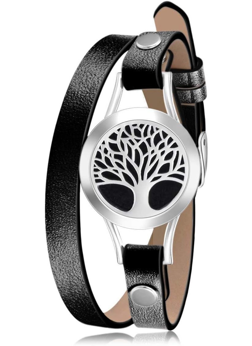 Wild Essentials Tree of Life Essential Oil Bracelet Diffuser, Leather Wrap Band, Stainless Steel Locket Pendant, 12 Color Refill Pads, Customizable Color Changing Perfume Jewelry, Aromatherapy, Black