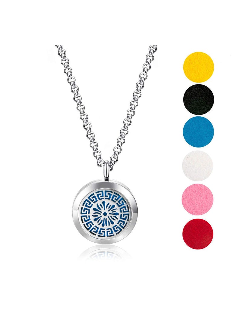 Wild Essentials Greek Key Essential Oil Diffuser Necklace, Stainless Steel Locket Pendant with 24 inch Chain, 12 Color Refill Pads, Customizable Color Changing Perfume Jewelry for Aromatherapy