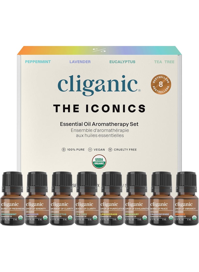 Cliganic Organic Aromatherapy Essential Oils Gift Set (Top 8), 100% Pure - Peppermint, Lavender, Eucalyptus, Tea Tree, Lemongrass, Rosemary, Frankincense & Orange (Packaging May Vary)