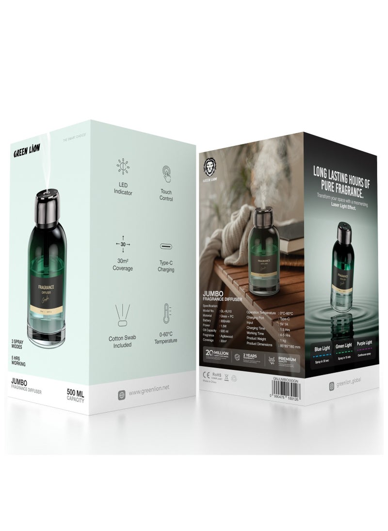 Jumbo Fragrance Diffuser / Multi Light Indicator / 3 Spray Modes / Laser Light Effect / Touch Control / Rechargeable / 500ml Pure Fragrance Humidifier - Green