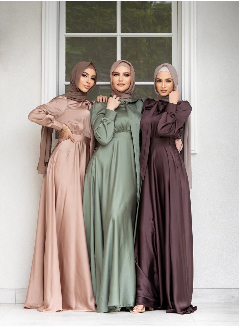 Elegant Muslim Satin Maxi Dress – Modest Fashion with Flared Hem, Available in Three Colors and Multiple Sizes