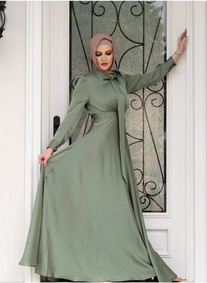 Elegant Muslim Satin Maxi Dress – Modest Fashion with Flared Hem, Available in Three Colors and Multiple Sizes