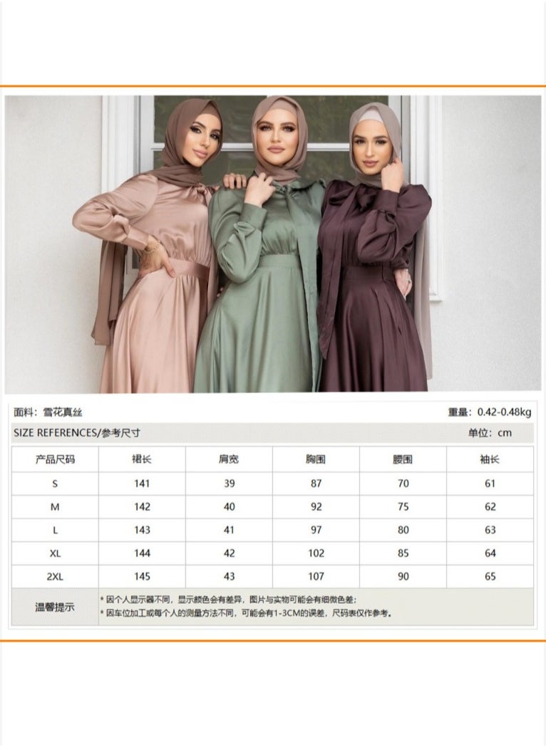 Elegant Muslim Satin Maxi Dress – Modest Fashion with Flared Hem, Available in Three Colors and Multiple Sizes
