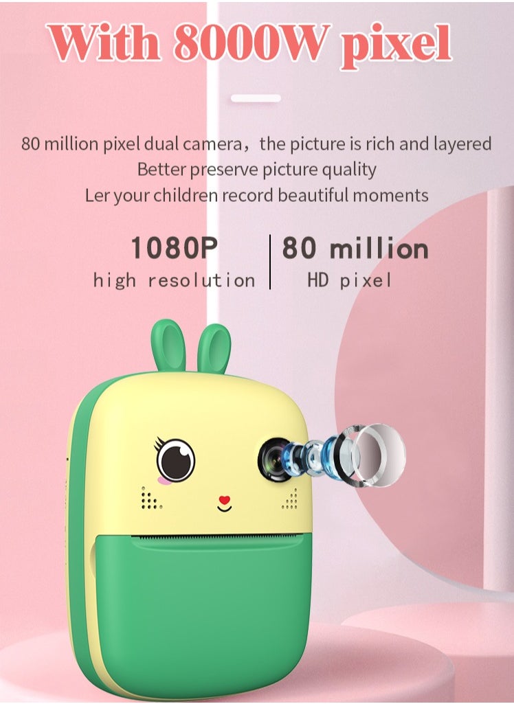 Kids Camera, 1080P Instant Printing Dual Camera, Photo Video, 2.4 Inch IPS LCD Screen, Built-in 1800mAh Battery, 32G TF Card, Birthday Festival Gift for Kids