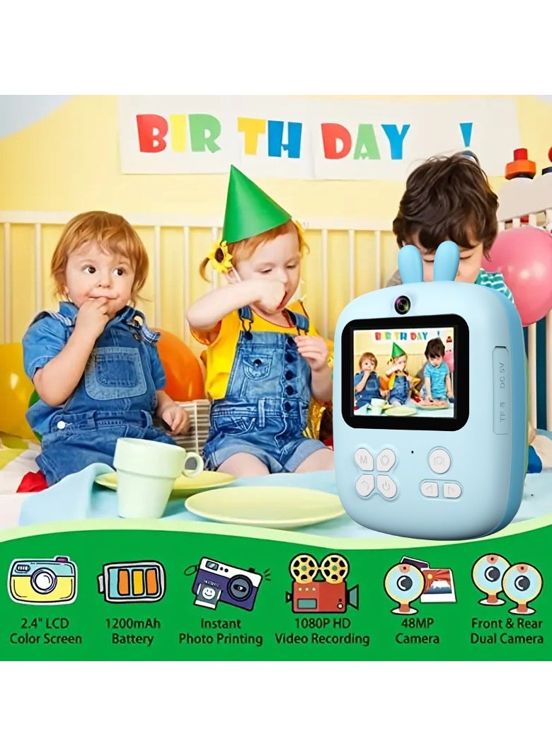 Kids Camera, 1080P Instant Printing Dual Camera, Photo Video, 2.4 Inch IPS LCD Screen, Built-in 1800mAh Battery, 32G TF Card, Birthday Festival Gift for Kids