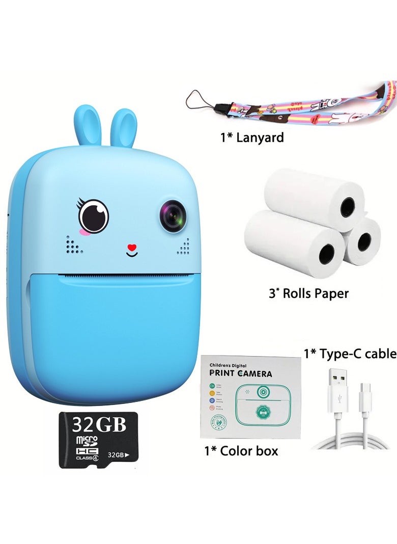 Kids Camera, 1080P Instant Printing Dual Camera, Photo Video, 2.4 Inch IPS LCD Screen, Built-in 1800mAh Battery, 32G TF Card, Birthday Festival Gift for Kids