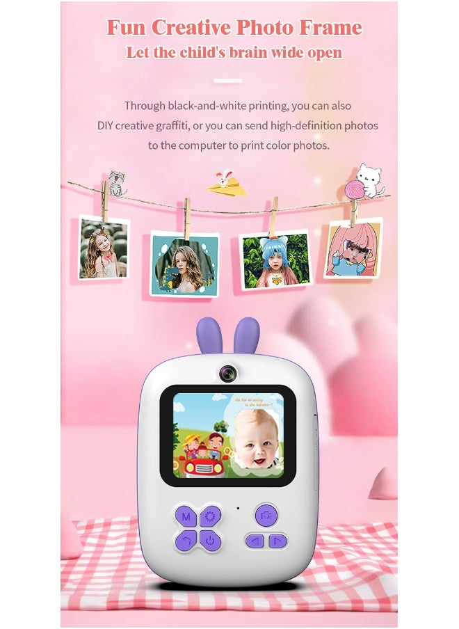 Kids Camera, 1080P Instant Printing Dual Camera, Photo Video, 2.4 Inch IPS LCD Screen, Built-in 1800mAh Battery, TF Card, Birthday Festival Gift for Kids