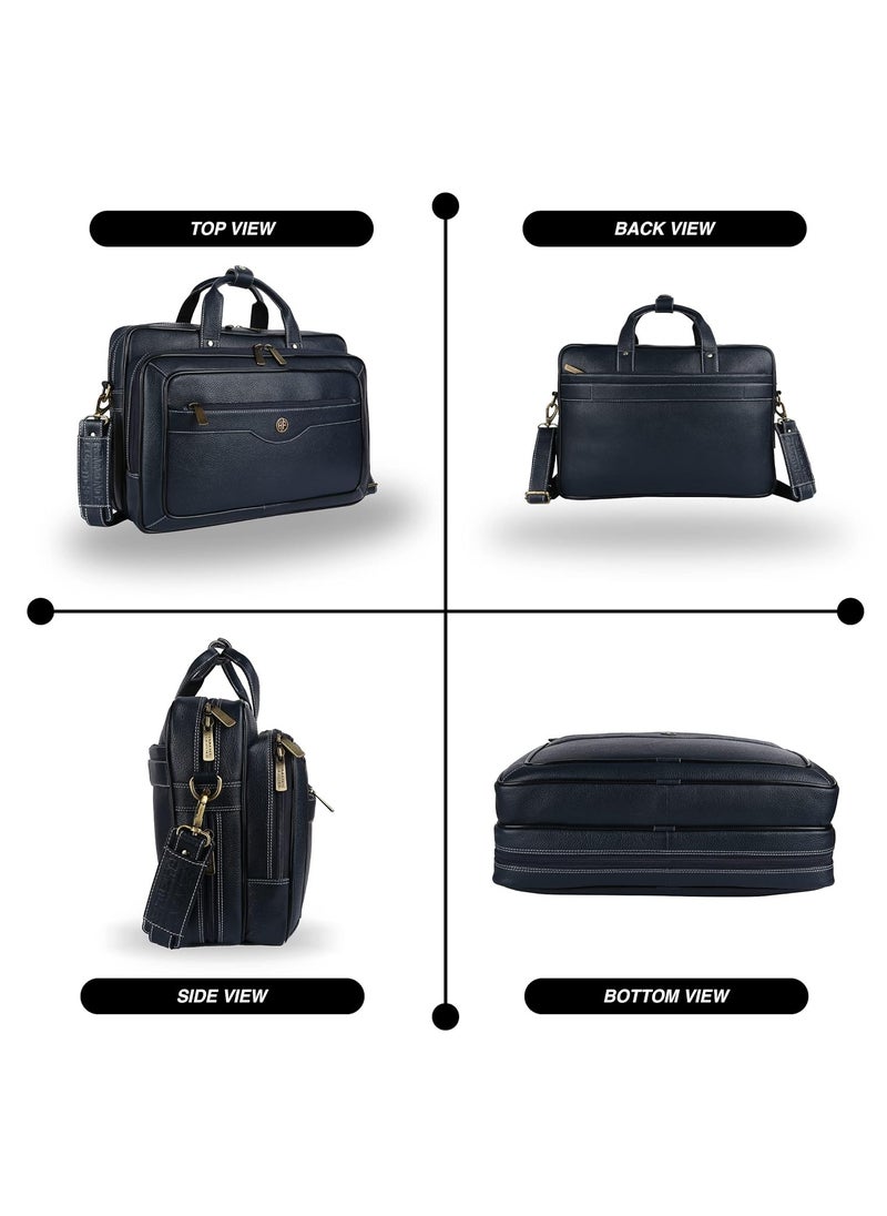 Laptop Bag for Men - Leather - Fits 14/15.6/16 Inch Laptop - Navy Blue -Office Bag, Messenger & Shoulder Bag -Executive Bag for Office Use & Travel -Expandable Leather Bag