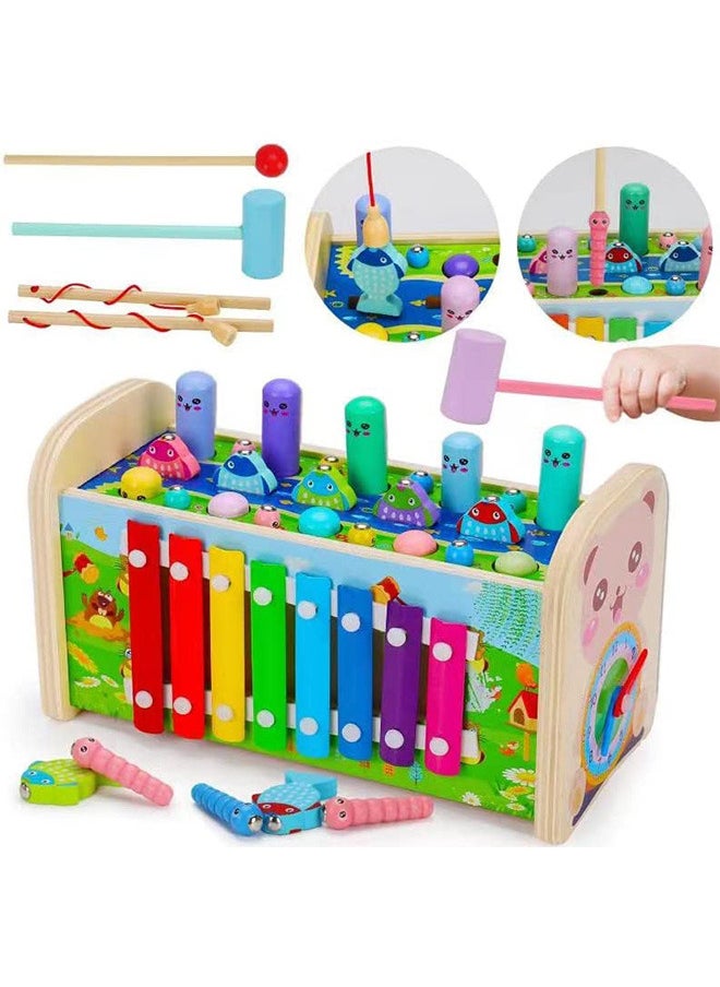 7-in-1 Hammer Strike Hammer Strike Toy Wooden Montessori Education Fishing Game 1 Year Old+infant Muqin Toy Sensory Development Toy Fine Motor Skills Preschool Activities