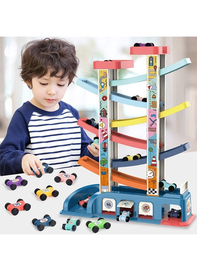 Gliding Car Toy Toddler Toys Car Ramp Toy Race Track Car Gifts Zig Zag Car Slide with 6 Ramps 8 Mini Cars- Racing Car Toys for Kids Boys Girls 3 4 5 6