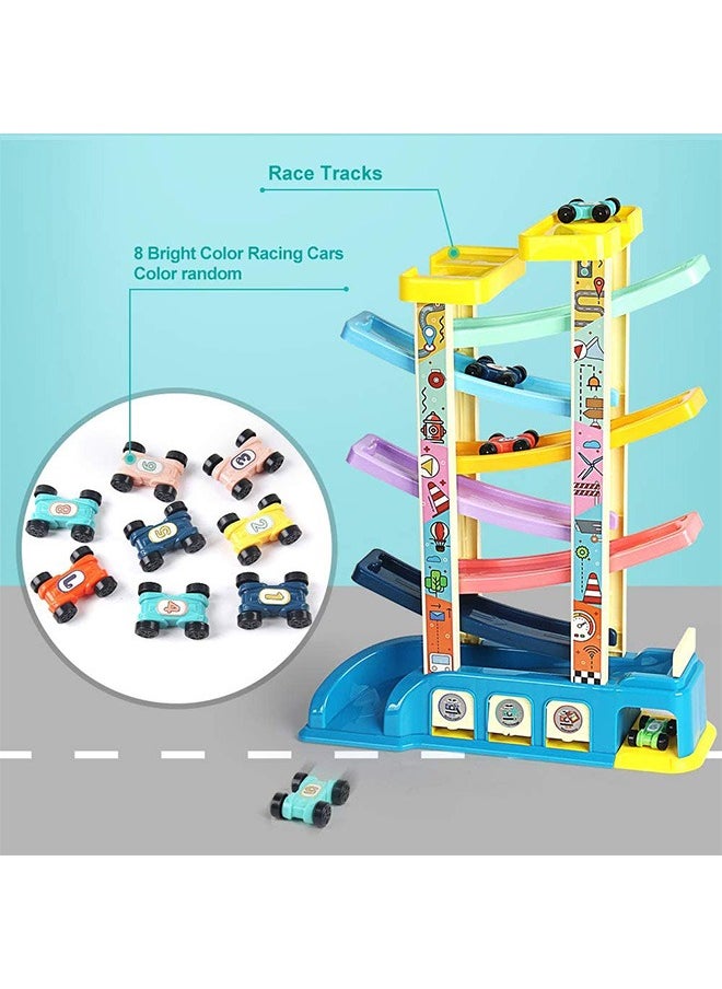 Gliding Car Toy Toddler Toys Car Ramp Toy Race Track Car Gifts Zig Zag Car Slide with 6 Ramps 8 Mini Cars- Racing Car Toys for Kids Boys Girls 3 4 5 6