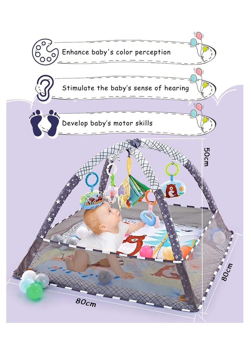 Baby Game Gym, Baby Game Mat Newborn with 5 Hanging Toys and 18 Ocean Balls, Lightweight Foam Support Washable Soft Cotton Base, Game Mat and Floor Gym for 0-24 Months