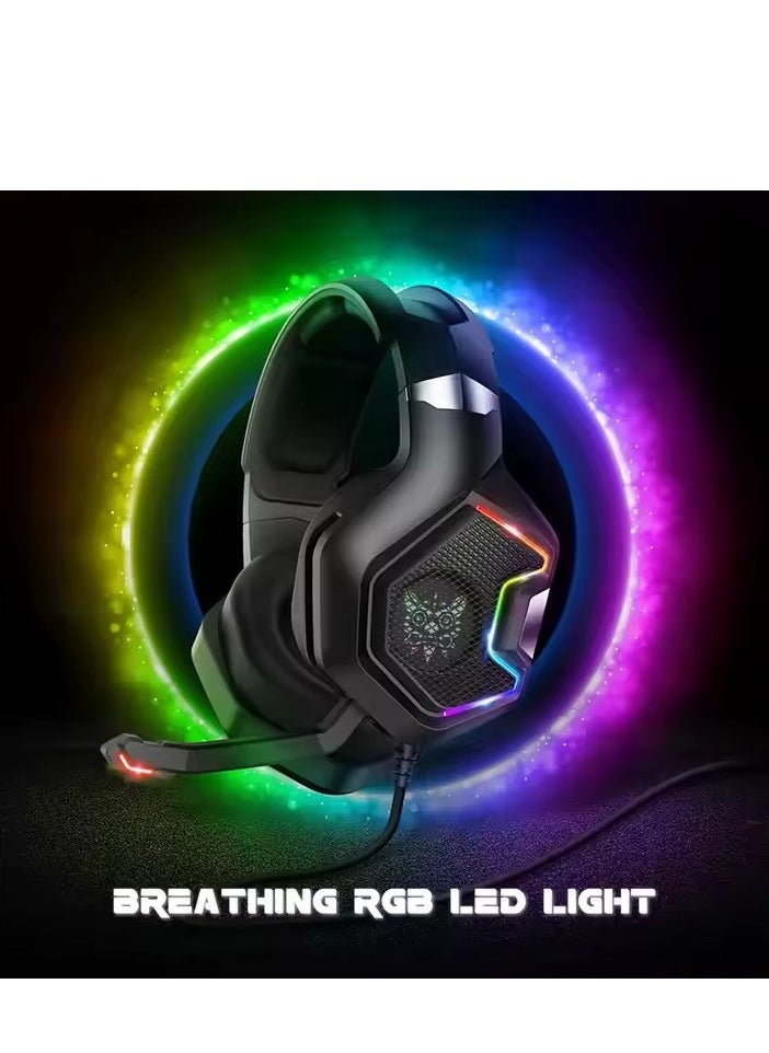 Gaming Headset, K8 Over-Ear Computer Headset, Luminous Gaming Headset, Headset with Microphone Dynamic RGB LED Effect Gaming Headset for Computer Laptop, Wired Stereo Bass Over-Ear Microphone Gaming