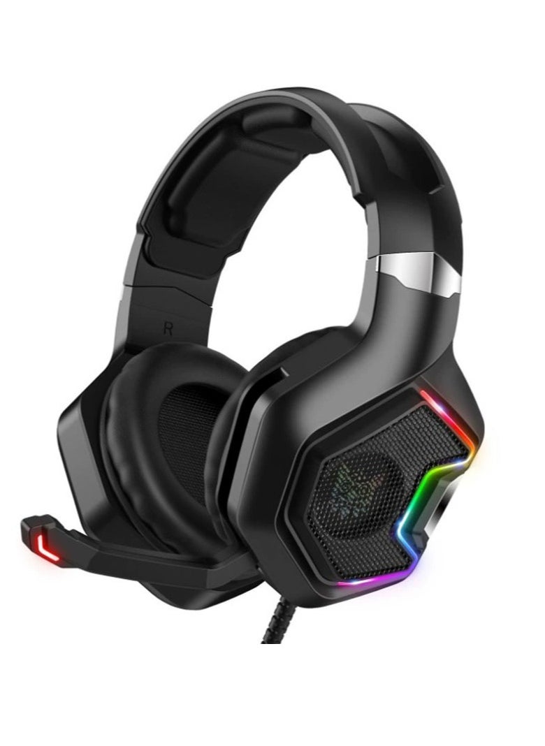 Gaming Headset, K8 Over-Ear Computer Headset, Luminous Gaming Headset, Headset with Microphone Dynamic RGB LED Effect Gaming Headset for Computer Laptop, Wired Stereo Bass Over-Ear Microphone Gaming