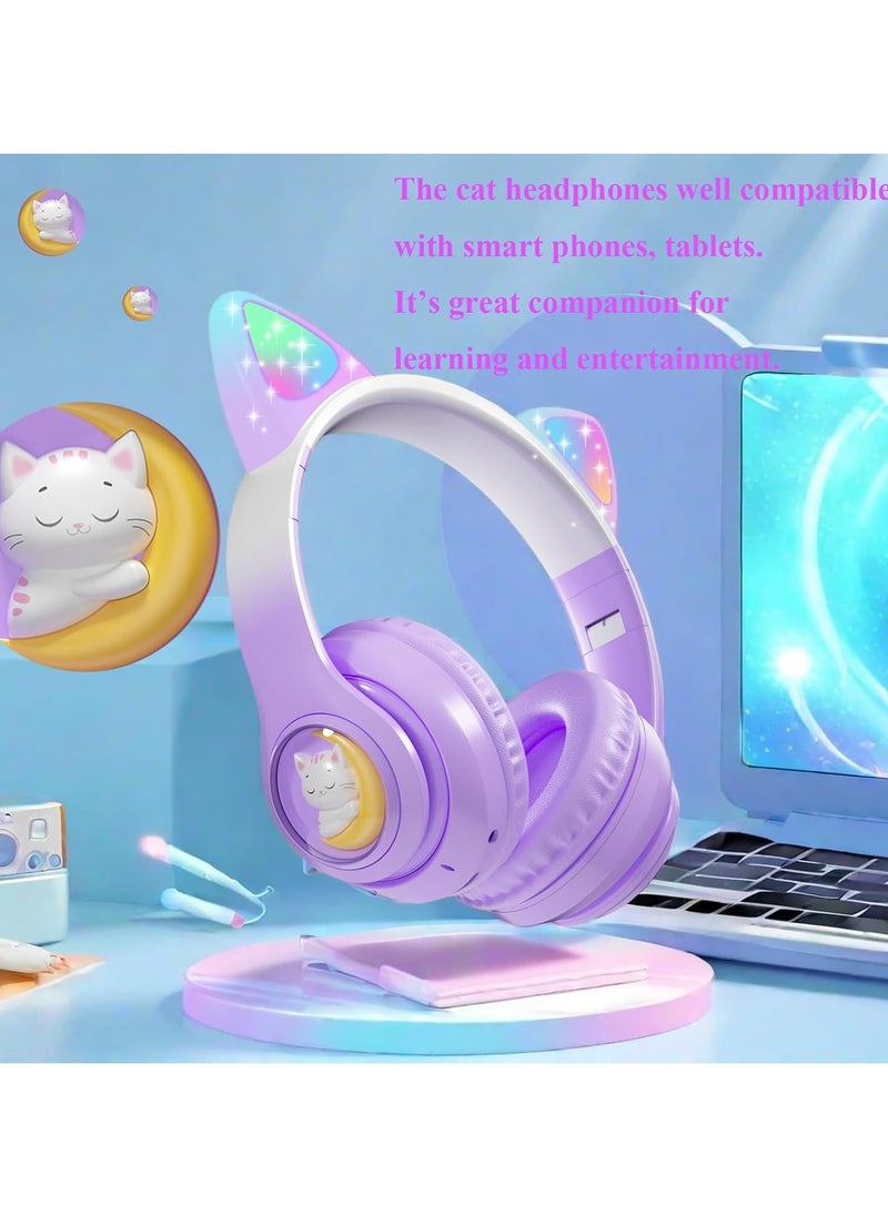 Wireless Kids Headphones with LED Light Up Cat Ears, Colour Changing Over-Ear Bluetooth Headphones with Microphone, Volume Control Foldable Bluetooth Cat Headphones for Kids/Girls/Schools