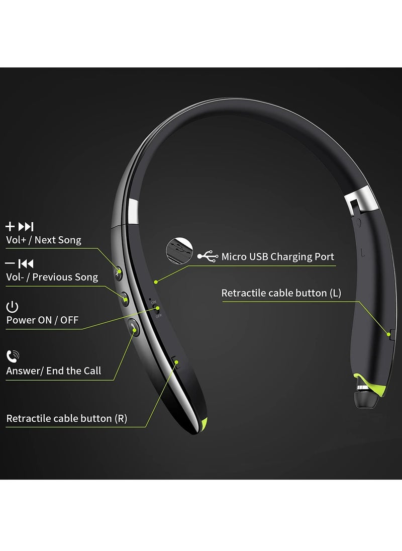 Bluetooth Headphones, Neckband Bluetooth Headphones with Retractable Earbuds, Noise Cancelling Stereo Earphones with Mic, Long Endurance, Foldable Wireless Headphones for Sports Office Conference