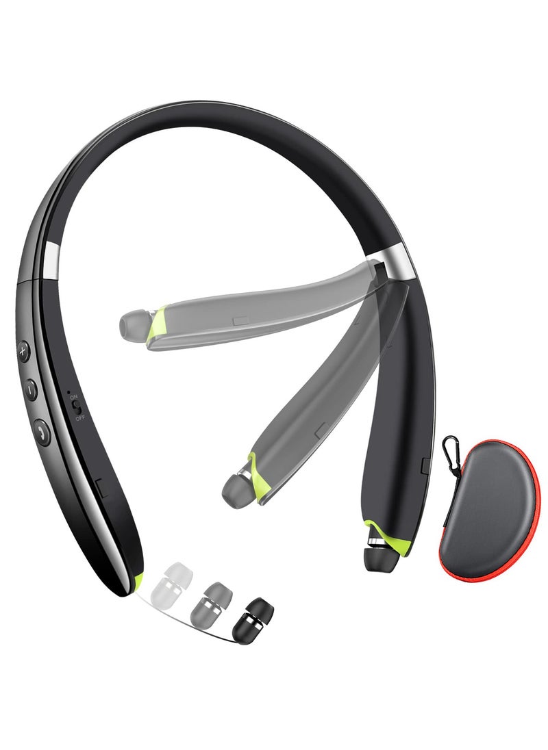 Bluetooth Headphones, Neckband Bluetooth Headphones with Retractable Earbuds, Noise Cancelling Stereo Earphones with Mic, Long Endurance, Foldable Wireless Headphones for Sports Office Conference