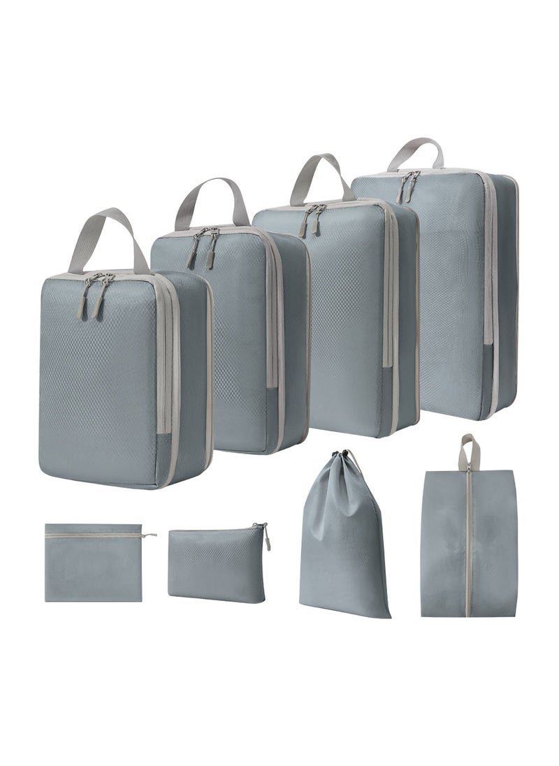 8-Piece Expandable Waterproof Compression Packing Cubes Set for Travel, Includes Shoe Bag and Laundry Bag - Essential Luggage Organizers for Suitcases (Grey)