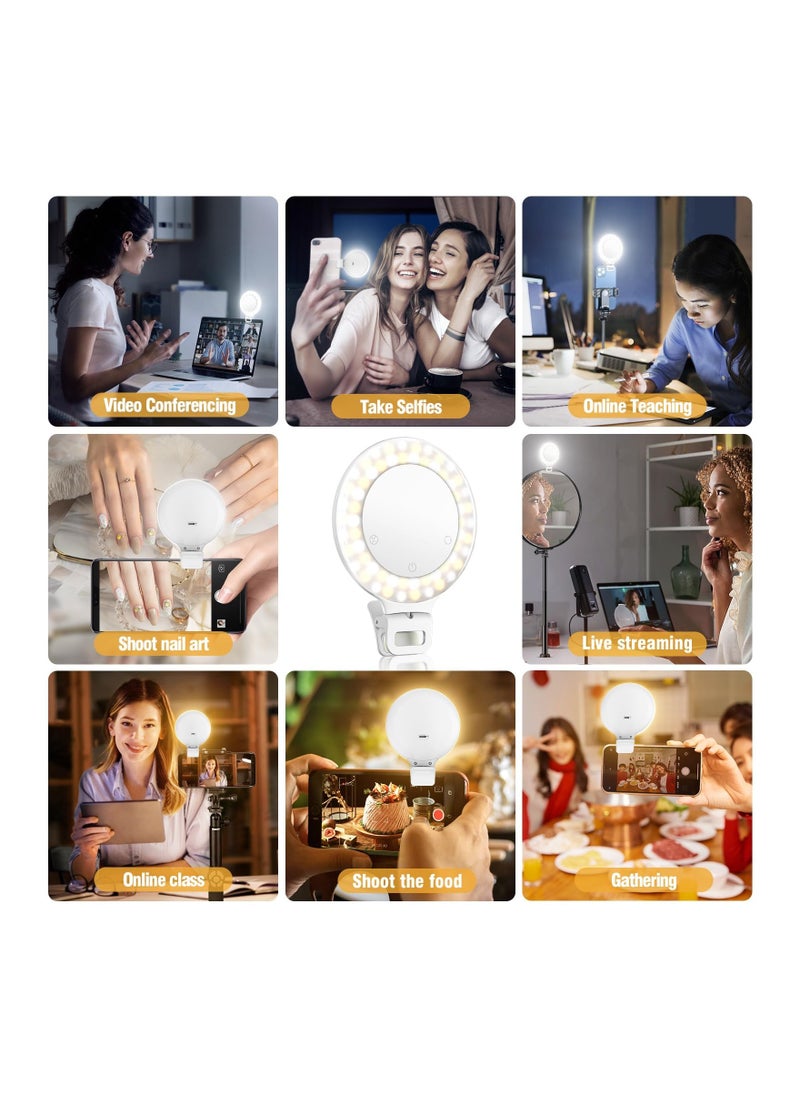Ring Light, 3 Light Mode Selfie Light Rechargeable for Zoom Meetings Large Capacity Battery Portable 60 LED Adjustable Brightness Clip, for Phone, for iPad, Laptop, for Makeup, Photography, Vlog