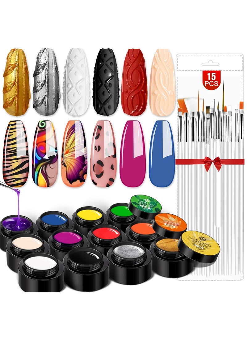 SAVILAND Gel Paint Kit: Gel Nail Polish Kit 12 Colors Soak Off Gel Polish Set with 15 pcs Painting Drawing Nail Brush Pen for Nail Art Design & Nail Salon