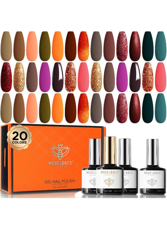20 Colors Gel Nail Polish Kit- Fall Winter Gel Polish Set Soak Off Nail Polish Kit with Bond Primer Glossy&Matte Top Base Coat DIY at Home
