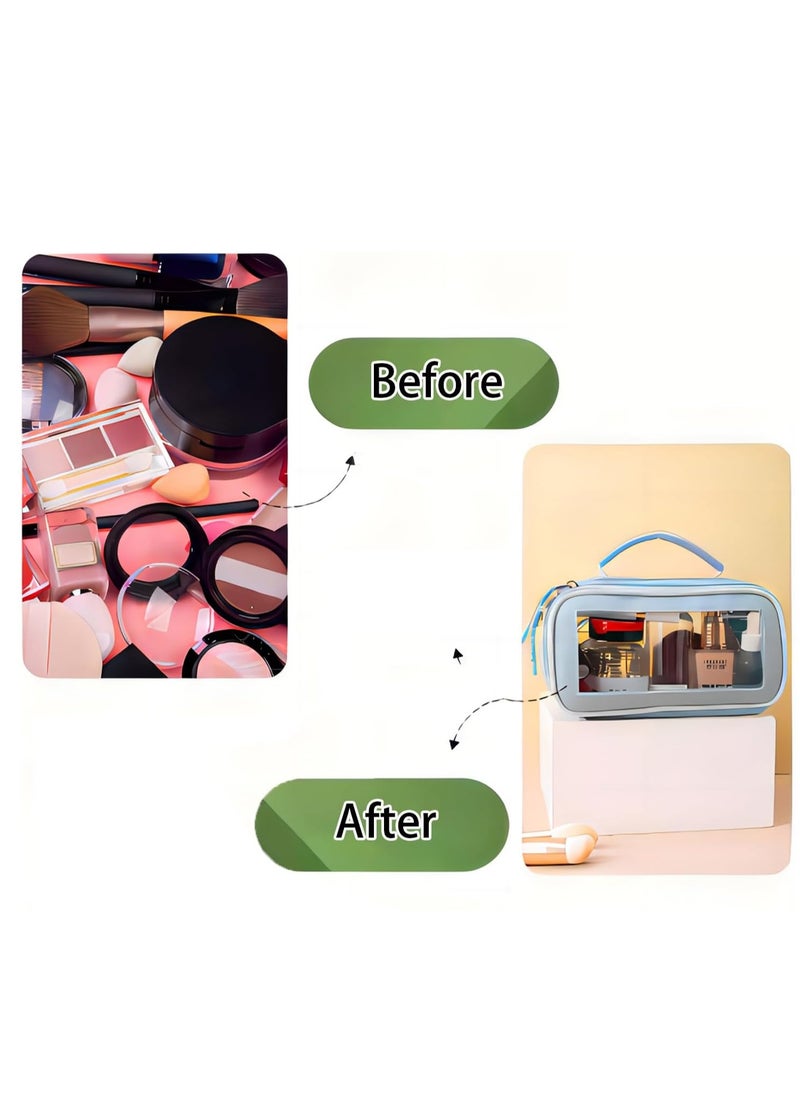 Clear Makeup Bag Organizer Blue Cosmetic Travel Bags Portable Clear Toiletry Bag Case for Women Large Double Sided Makeup Bag Makeup Pouch with Transparent Vinyl Windows Gold Zippers