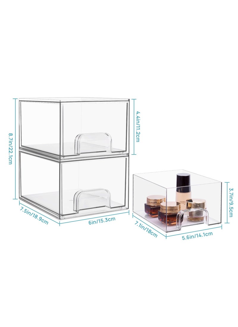 Stackable Makeup Organizer Storage Drawers, 4.4'' Tall Acrylic Bathroom Organizers, Clear Plastic Storage Bins For Vanity, Undersink, Kitchen Cabinets, Pantry Organization and Storage (2 Pack)