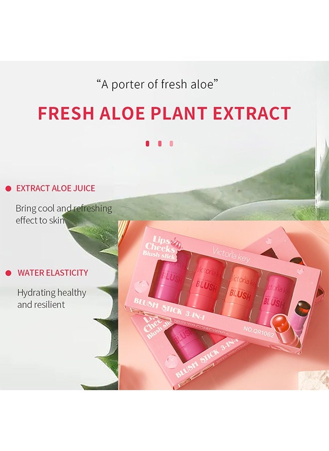 Lips Cheeks Blush Stick - Pack of 4 Milk Jelly Blush Stick, Multi Jelly Tint Blush Stick, Lip Tint Stain, Long Lasting Multi Use Makeup Blush Stick, Milk Jelly Blush Tint for Lips Cheek