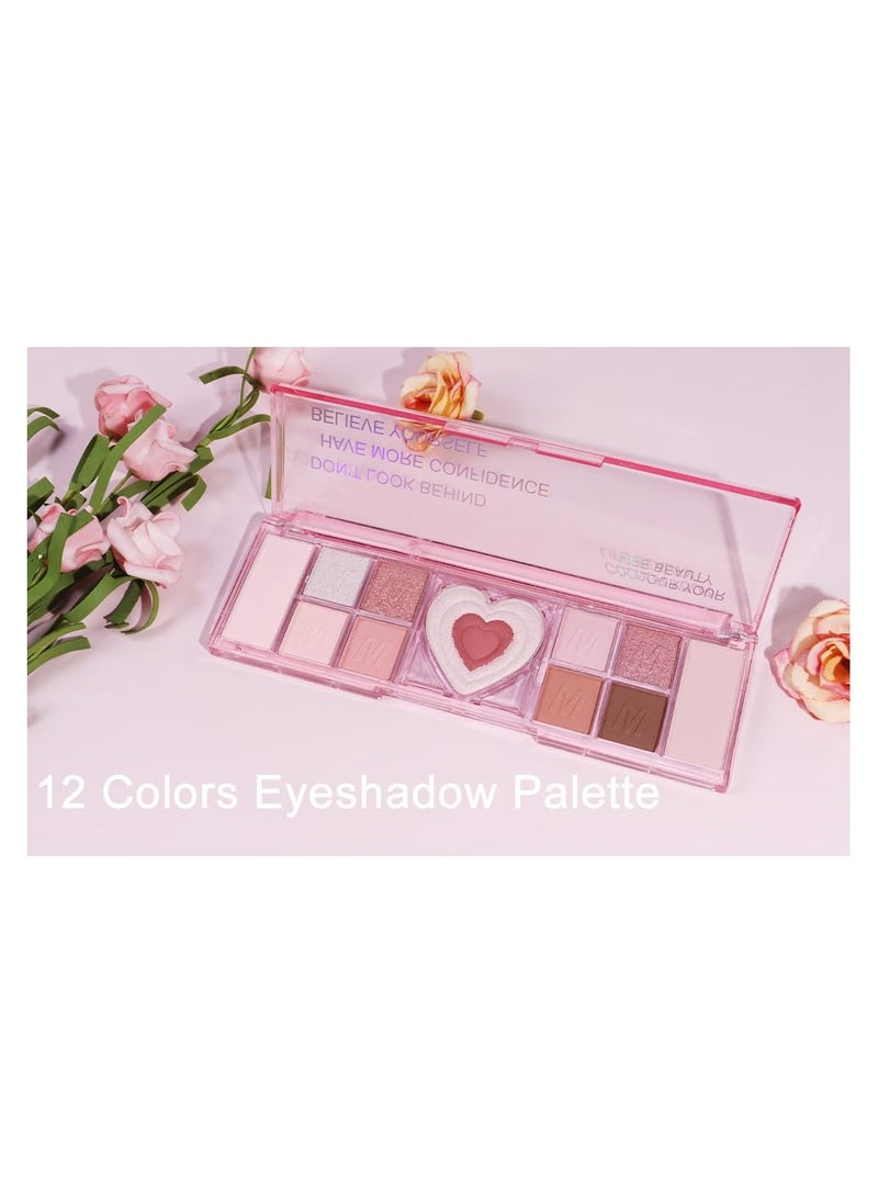 12 Colors Nude Natural Pink Matte Shimmer Eyeshadow Palette, High Pigmented Brown Eye Shadow Primers Powder Palet for Eye Makeup, Blendable Powder, Flawless & Natural Long-Lasting Makeup Palette