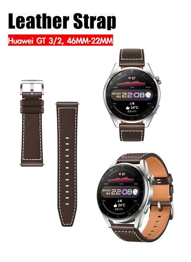 Huawei Watch Band Leather Strap, Compatible with GT3/2 46mm Watch Size, 22mm Band Width, Elegant Design, 1 Piece(Brown)