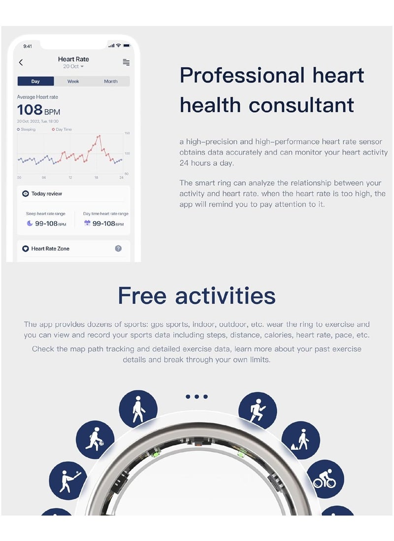 Smart Rings, Men's and Women's Smart Rings Health Tracker, Heart Rate and Temperature Monitoring, Track Sleep, Exercise and Recovery