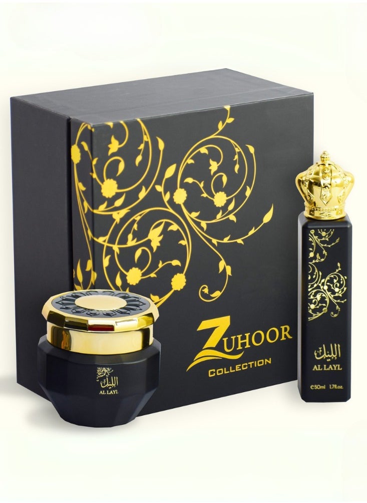 Zuhoor Collection Al Layl Gift Set – EDP 50ml + 50g Agarwood Powder – Unisex