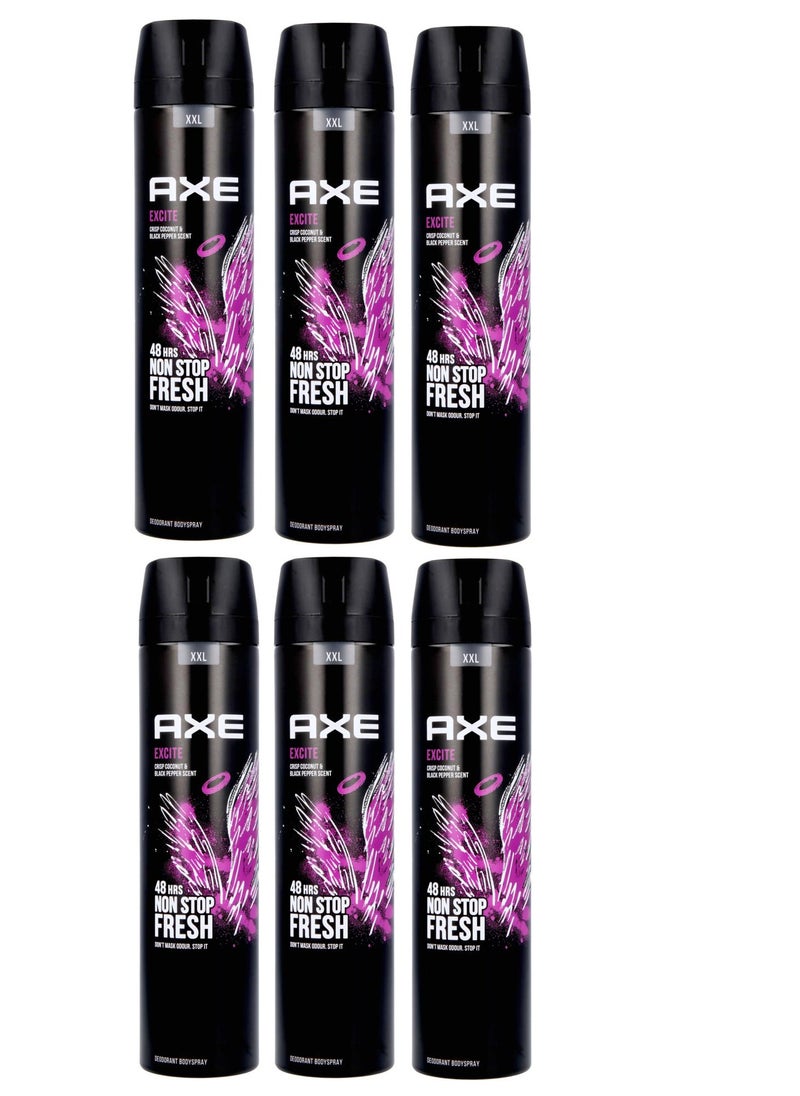 Excite Body Deodorant Spray Crisp Coconut And Black Pepper Scent 6x250ml