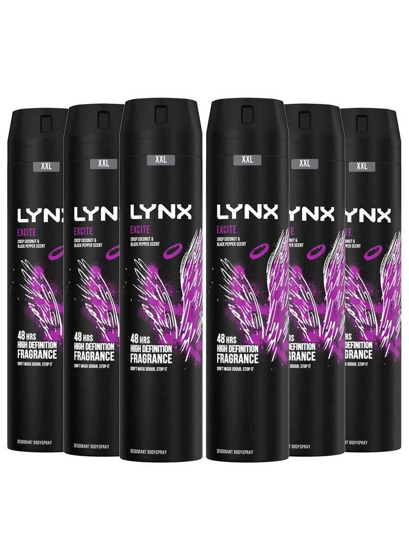 Pack of 6 Excite Body Deodorant Spray Crisp Coconut And Black Pepper Scent 6x250ml