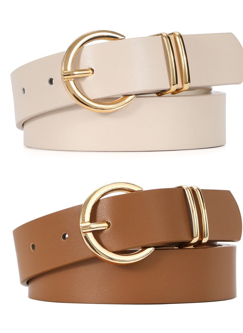 Women’s Leather Belts for Jeans Dresses Fashion Gold Buckle Ladies Waist Belt,2 Pack