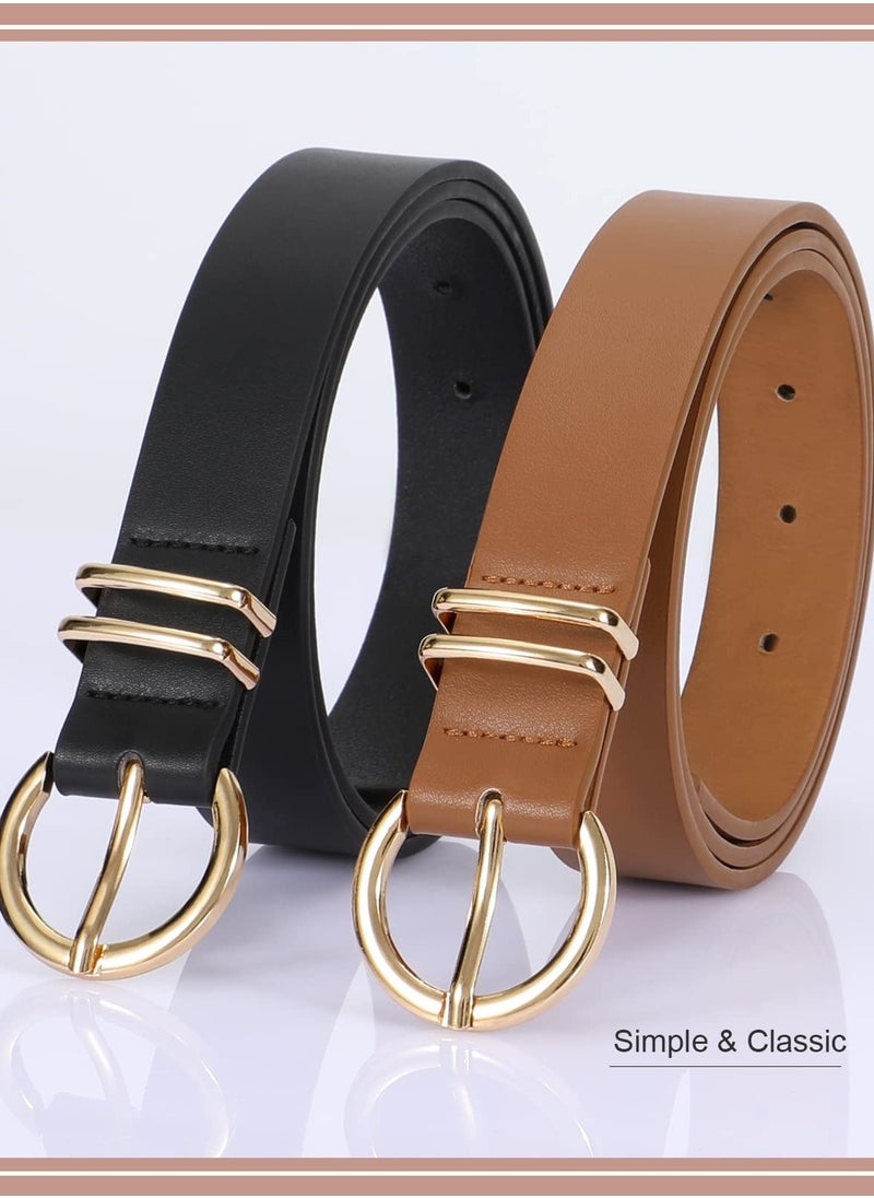 Women’s Leather Belts for Jeans Dresses Fashion Gold Buckle Ladies Waist Belt,2 Pack