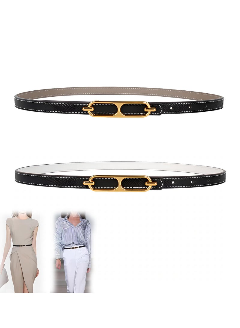Women Skinny Leather Belt Thin Waist Belt with Metal Buckle for Pants Jeans Dresses, 2 Pack