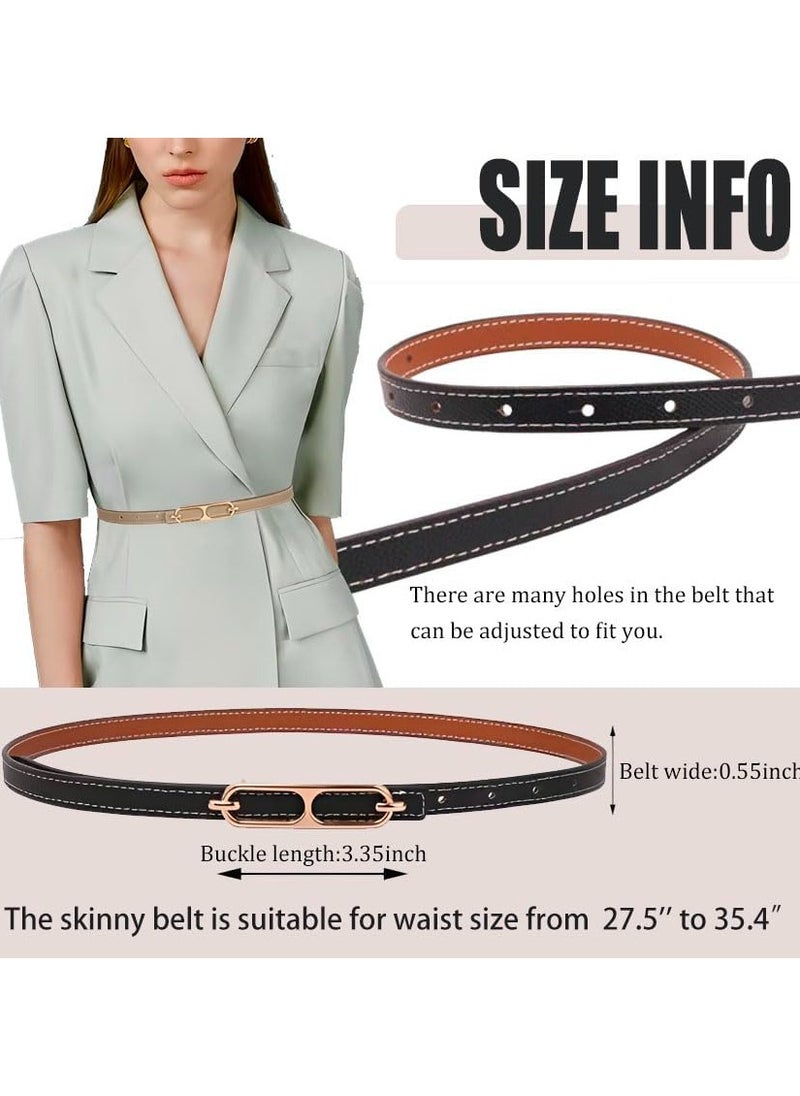 Women Skinny Leather Belt Thin Waist Belt with Metal Buckle for Pants Jeans Dresses, 2 Pack