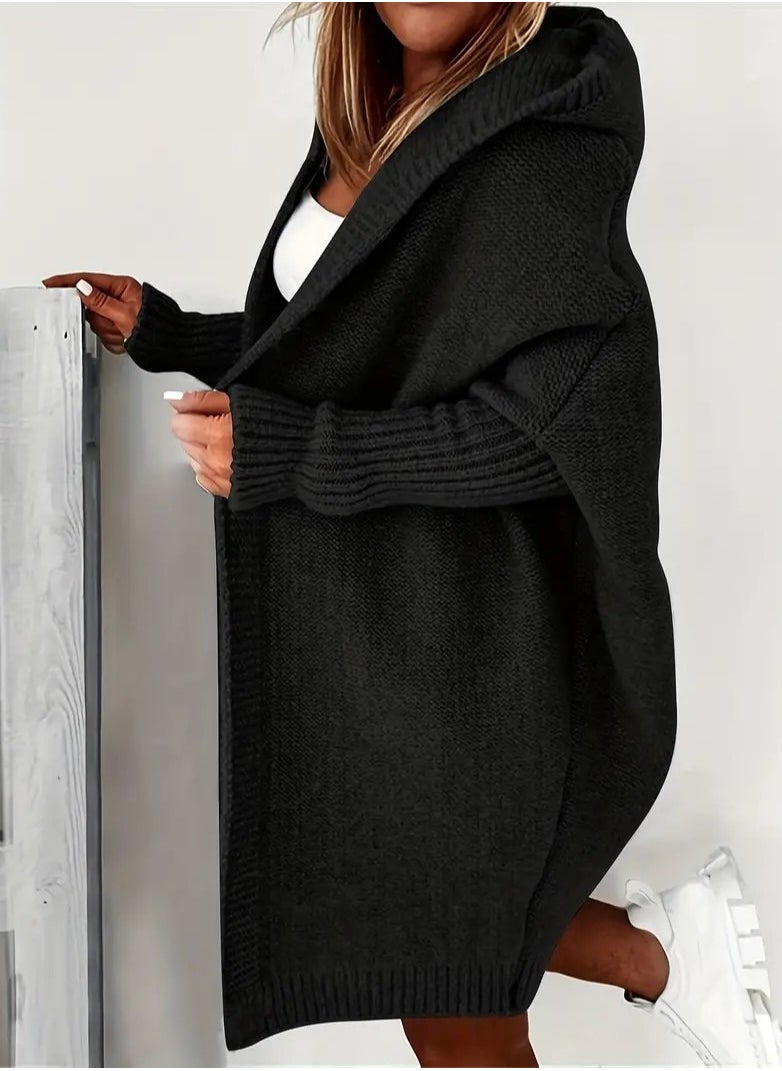 Oversized Hooded Knitted Cardigan, Long Sleeve Casual Sweater For Winter & Fall, Women's Clothing
